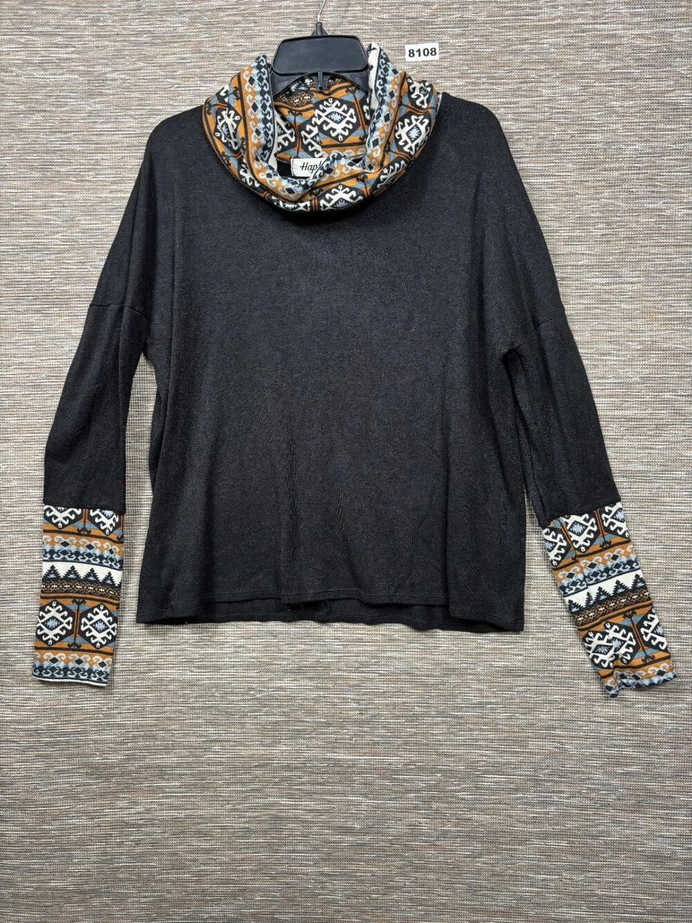 Haptics by Hooly Harper Cowl Neck Sweater Womens Size XL Black Aztec Print Boho